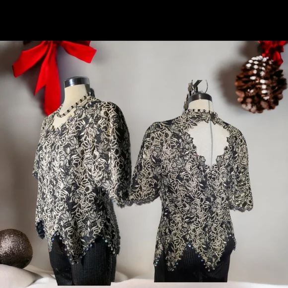 Michael Jordan Luxury Black &Gold Lace With Crystal Beads Trimmed Blouse Size M - Picture 3 of 16